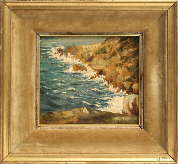 Scogliera, dipinto olio su tavola, firmato Casciaro, cm. 20x23, entro cornice.