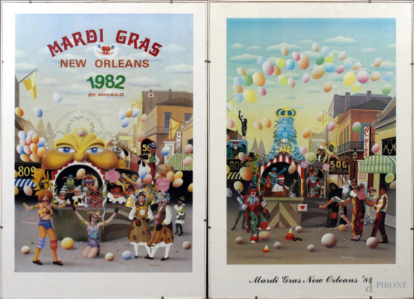 Coppia di manifesti Mardi Gras New Orleans, cm. 91x60,5, anni &#39;80, entro cornici, (difetti).