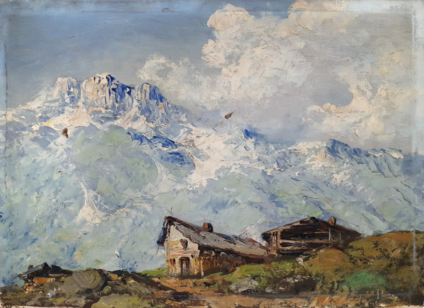 Artista di inizio XX secolo, Rifugio alpino, olio su tela applicata su cartone, cm 50x68, firma p...