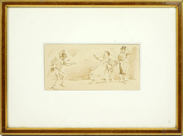 Figure caricaturali, inchiostro bruno su carta, cm 16,5x24, XIX secolo, entro cornice