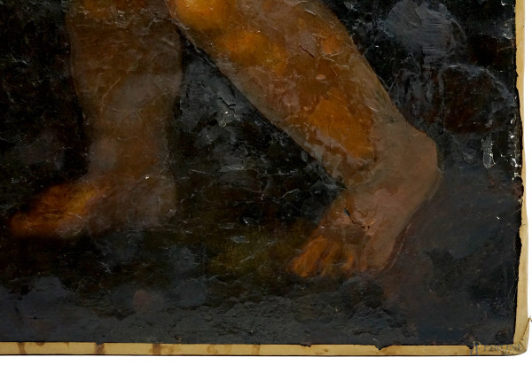 Scuola fiamminga del XVII-XVIII secolo, Riposo durante la fuga in Egitto, olio su tela, cm 110x16...