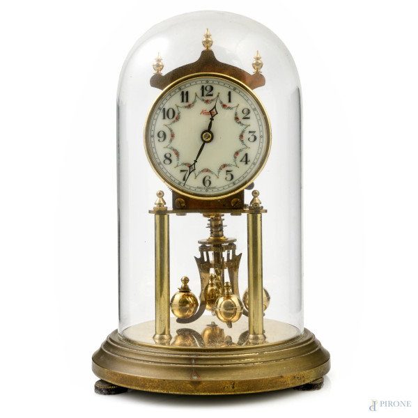 Orologio a torsione Kundo in metallo dorato entro campana in vetro, XX secolo, altezza cm 23, (segni di usura, da revisionare)
