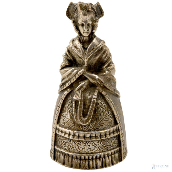 Campanella a foggia di dama in argento, Inghilterra, XX secolo, altezza cm 10, gr. 240