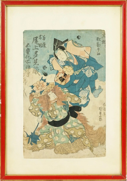 Attori, multiplo a colori, cm 36x23, Giappone, XX secolo, entro cornice, (difetti).