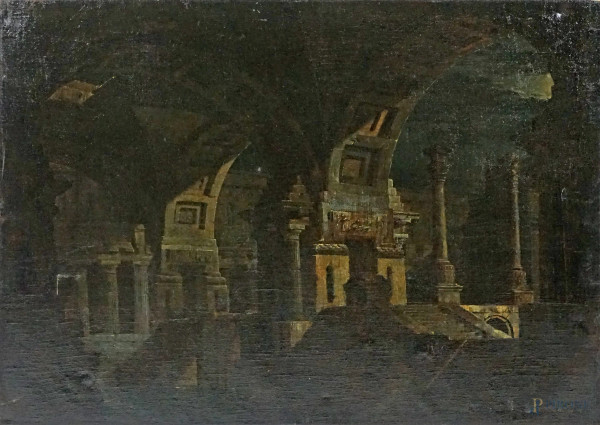 Pittore del XVIII-XIX secolo, Capriccio notturno, olio su tela, cm 60x86,5, (difetti)