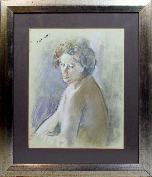 Ritratto di donna, tecnica mista su carta, cm. 44x34, firmato, entro cornice.