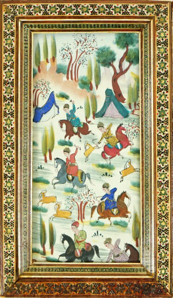 Miniatura persiana dipinta in policromia raffigurante scene di caccia, cm 20x20, arte orientale, XX secolo.