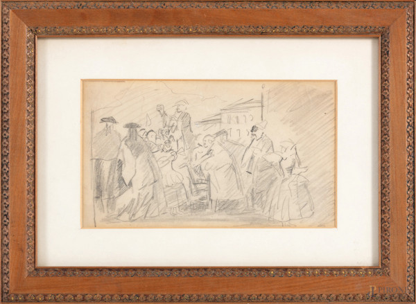 Carnevale, XX secolo, bozzetto a grafite su carta, cm 15x23 compreso passepartout, entro cornice, (bruniture, segni di piegatura)