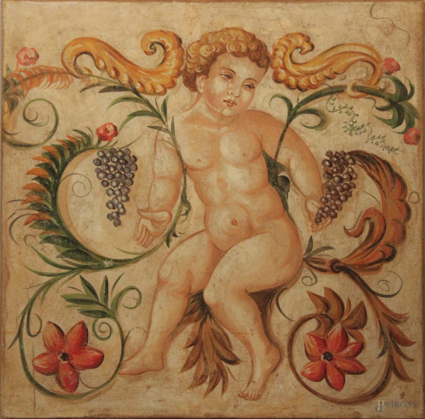Putto con grappolo d'uva, dipinto ad affresco riportato su tela, 80x80 cm, XX sec.