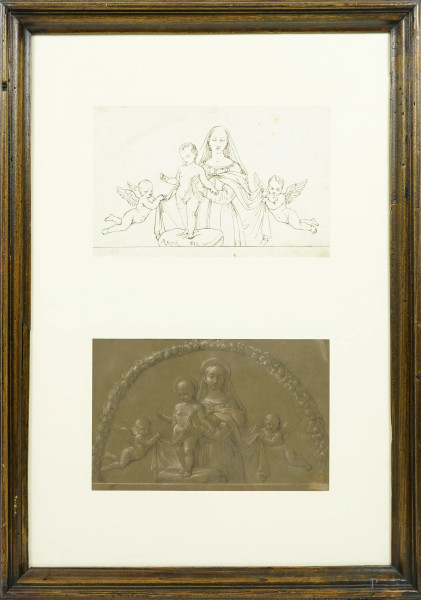 Attribuito a Bartolomeo Valiani (Pistoia, 1793-1851), Bozzetti per lunetta raffigurante una Madonna con Bambino e angelo, tecnica mista su carta, cm 16,5x25,5, entro cornice