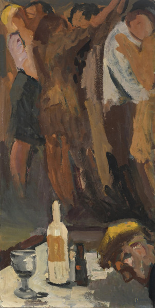 Edoardo Krumm (1916-1993), Il ballo, tecnica mista su tela, cm 120x60, firmato al retro