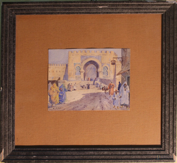 Scorcio di arco con figure, acquarello su carta 19x15 cm, entro cornice firmato