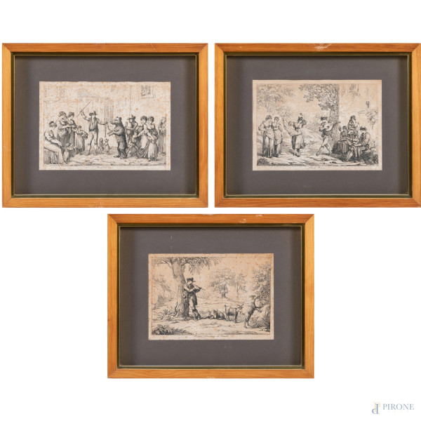 Lotto di tre incisioni da Bartolomeo Pinelli, XIX secolo, cm 34x44 compreso passepartout, entro cornice, (gore, foxing, tracce di umidità, ondulazioni della carta)