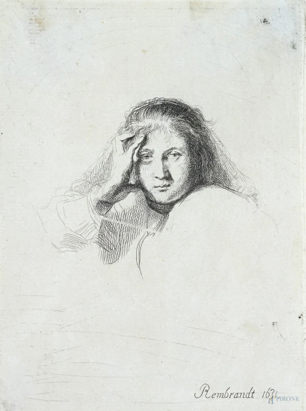 Da Rembrandt ( 1606-1669), Antica incisione raffigurante studio di testa di donna assorta, cm 13,5x10, (macchie).