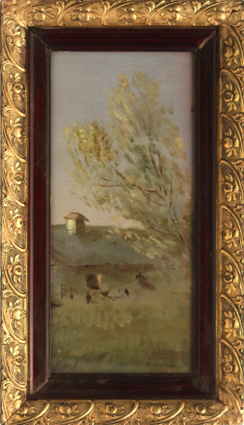 Paesaggio con figure, olio su tavola, firmato, cm. 40x18, entro cornice.