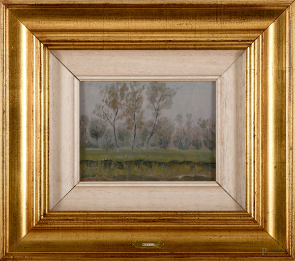 Paesaggio fluviale, olio su cartone, cm 15,5x22,5, (difetti)