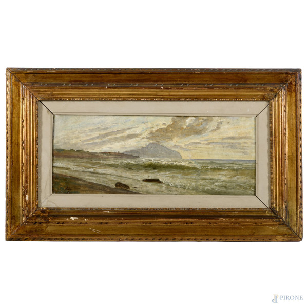 Mare in tempesta con Monte Circeo sullo sfondo, olio su tavola, XIX-XX secolo, cm 17x43, entro cornice