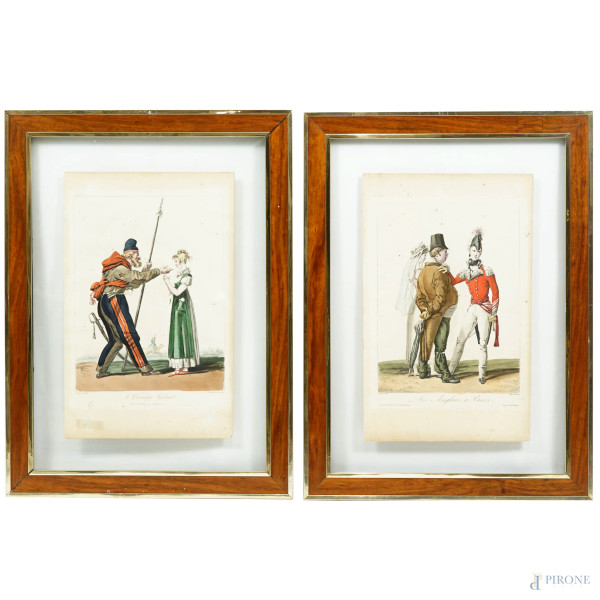 Coppia di stampe del XIX secolo: Le Cosaque galant, Carle Vernet (1758-1836), Louis-Philibert Debucourt (1755-1832); Les anglais à Paris, Carle Vernet (1758-1836), Louis-Philibert Debucourt (1755-1832), cm 44x28, entro cornice