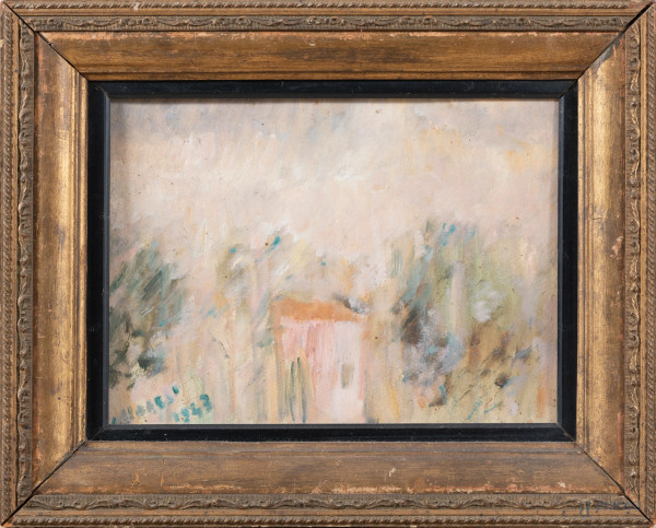 Paesaggio con casa, XX secolo, tecnica mista su cartone, cm 23x41, firmato e datato 
