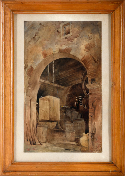 Interno di cantina, acquerello su carta, firmato e datato "1872", cm 33x19,5, entro cornice