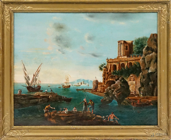 Pittore francese del XIX secolo, Veduta costiera con pescatori e capriccio architettonico, olio su tela, cm 60.8x50, entro cornice