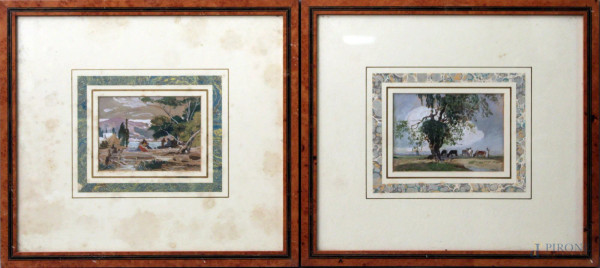 Paesaggi, coppia di piccoli dipinti ad olio su cartone, 13x11 cm, entro cornici