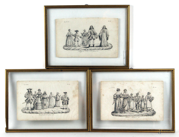 Lotto di tre incisioni del XVIII secolo raffiguranti figure in costume, cm 15x23, entro cornici