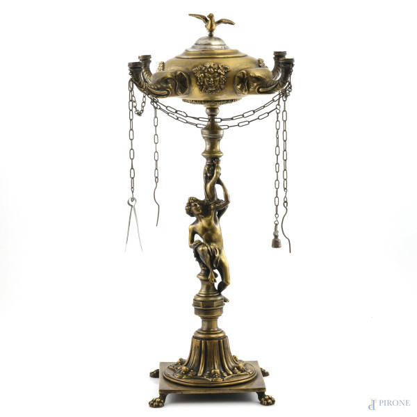 Lucerna in bronzo con fusto a foggia di giovane con putto e quattro luci a foggia di teste elefantine, XX secolo, altezza cm 68, (lievi segni di usura del tempo)