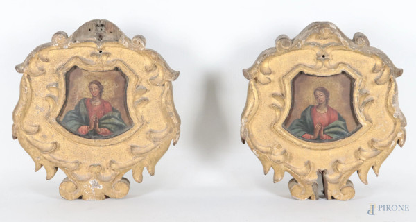 Coppia di ex voto da processione ad olio su tavola dipinti ambo i lati raffiguranti Vergine orante e Scene del Purgatorio, XVIII secolo, cm 25x22 comprese cornici, (segni di usura, scalfiture, difetti)