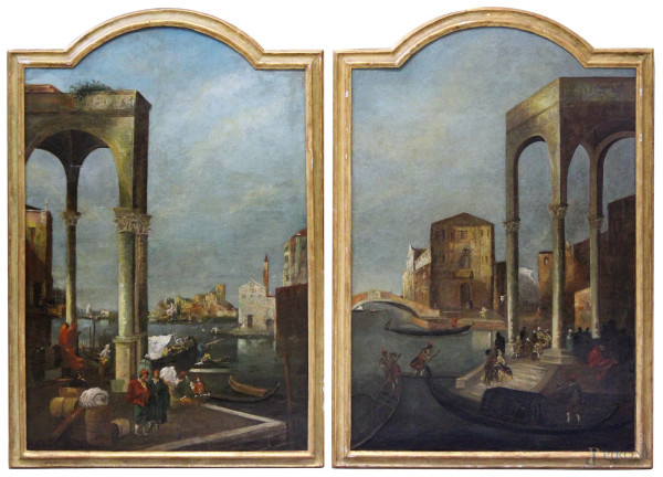 Francesco Guardi (seguace di),Coppia vedute di Venezia, olio su tela 136x90 cm , entro cornice coeva.