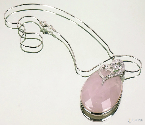 Collana in argento 925 con pendente quarzo rosa, montatura a forma di cuore, lunghezza collana cm 41