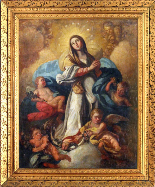 Madonna con Cherubini, olio su tela, cm. 59x79, XVIII sec, entro cornice (piccole perdite di colore)