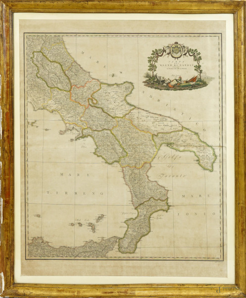 Carta del Regno di Napoli indicante la divisione delle XIV sue province,  incisione acquarellata di Vincenzo Aloja (attivo a Napoli fra la seconda metà del XVIII e la prima del XIX secolo), cm 88x71, entro cornice