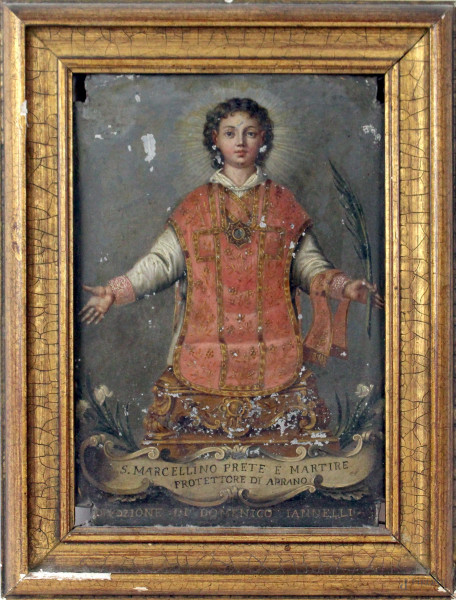 San Marcellino prete e martire, olio su lastra in metallo, cm. 27,5x19, XIX secolo, entro cornice.