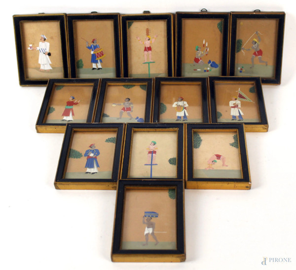 Lotto di tredici miniature raffiguranti personaggi indiani, acrilico su pellicola acetata, cm 9,5x6,5, XX secolo, entro cornici.