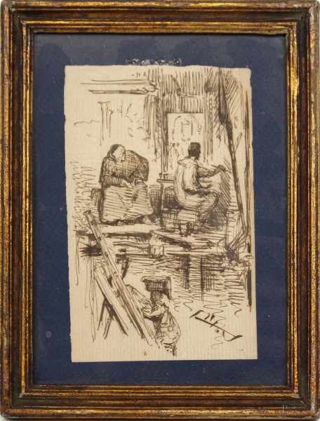 Lo studio del pittore, china su carta, cm 13x8,5, firmato, entro cornice.