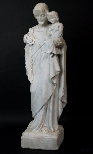 San Giuseppe con Bambino, scultura in marmo bianco, cm h 61, (difetti)