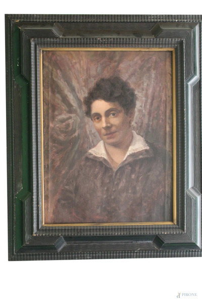 Ritratto di donna, olio su tela riportato su legno, 65x50 cm, entro cornice, inizi XX sec.