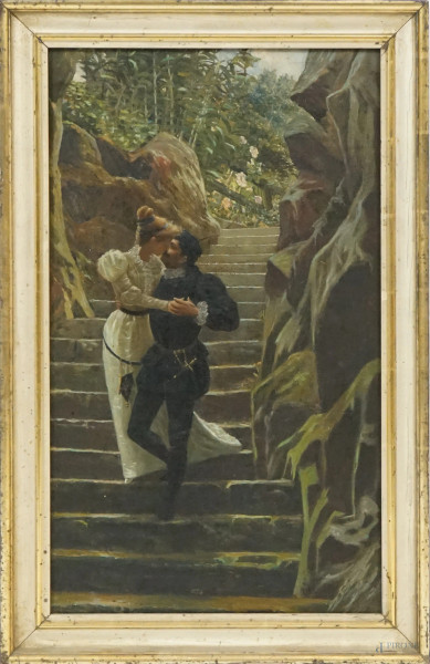 Il bacio, olio su tela, cm 68x39,5, recante iscrizione a tergo "Bozzetto A. Barone 1891", entro cornice