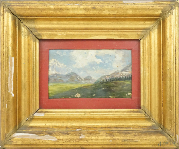 Paesaggio montano, olio su tavoletta, cm 8x13, XX secolo, entro cornice.