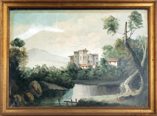 Paesaggio fluviale con castello, olio su masonite, cm. 50x72, firmato R. Carignani, entro cornice.