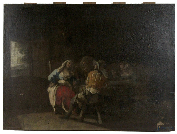 Scuola olandese del XVII secolo, Interno con fumatrice, olio su tavola, cm 45 x 62