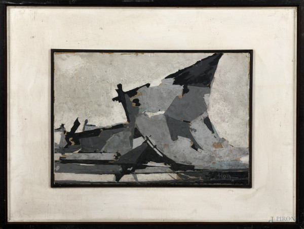 Astratto, XX secolo, tecnica mista su tela, cm 35x54, firmato in basso a destra, entro cornice, (tracce di umidità, segni di usura)