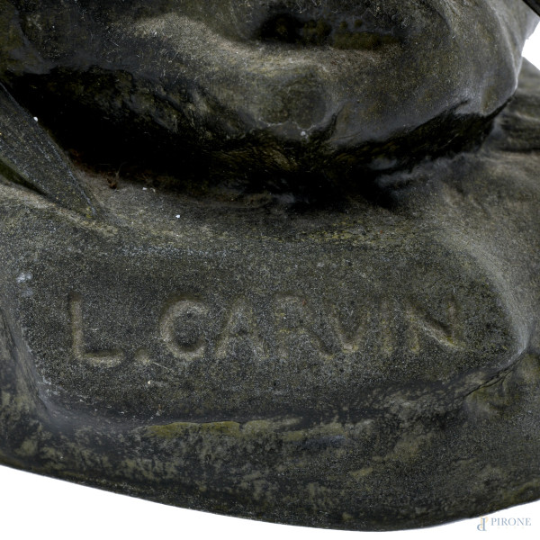 Tigre, XX secolo, scultura in antimonio, cm 33x54x14, firmata, (lievi segni di usura)