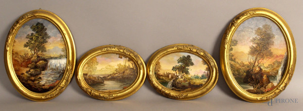 Lotto composto da quattro dipinti raffiguranti paesaggi, olio su masonite ad assetto ovale, misure max. 24x18 cm, firmati, entro cornici.