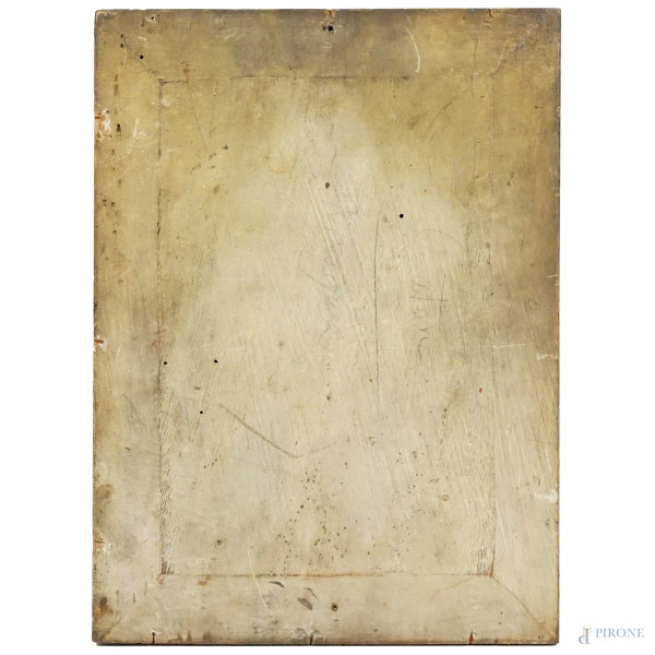 Pittore del XIX secolo, Ritratto di filosofo - Catone, olio su tavola, cm 11x23,5, (difetti)