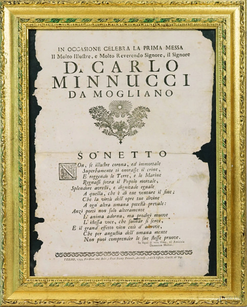 Manifesto celebrativo con sonetto, Fermo, 1744, Per Domenico Antonio Bolis e Fratelli Stampatori Priorali, Arcivescovili e del Sant'Uffizio, cm 40x28 circa, entro cornice, (difetti)