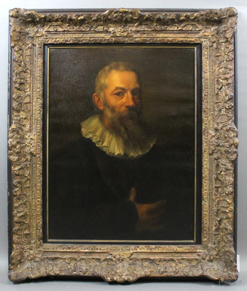 Ritratto d&#39;uomo, copia da Antoon Van Dyck, olio su tela cm. 65,5x50,5, firmato a tergo, entro cornice.