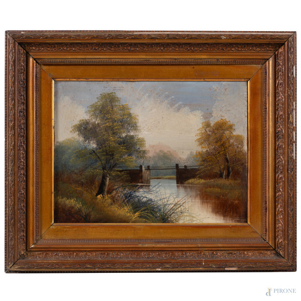 Coppia di paesaggi, XX secolo, olio su cartone, cm 29x29, entro cornice, (segni di usura, difetti...