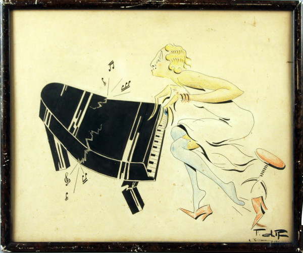 Suonatrice di pianoforte, tecnica mista su carta 37x44,5 cm, siglato e datato Roma 1931, entro cornice.